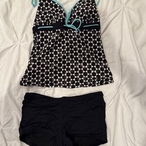Geometric Black and White Strapless Top Tankini Set